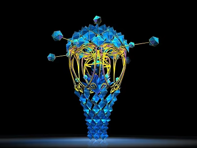Intricate Blue Geometric Sculpture with Golden Lines and Crystal Like Structure Design 3d model