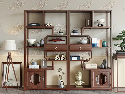 Chinese Style Dark Wood Collectible Display Shelf With Porcelain Books And Decorative Items 3d model