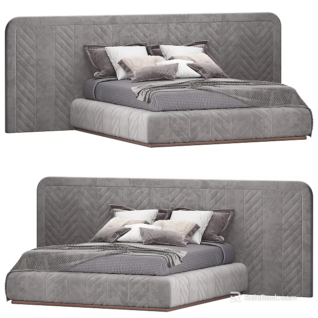 Modern Double Bed With Quilted Headboard Plush Pillows And Gray Bedding Setup 3d model