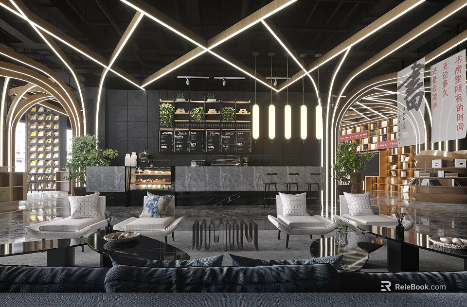 Modern Lounge Area Interior With Geometric Lighting Comfortable Sofas Green Plants And Bar Counter 3d model