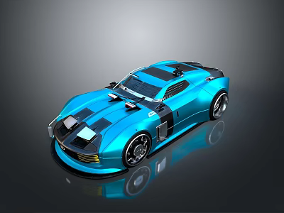 Blue Sports Car Streamlined Design With Black Stripes Shiny Wheels And Reflective Surface 3d model