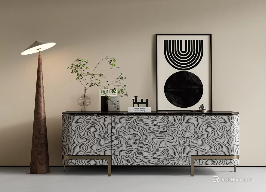 Elegant Modern Entryway Console Cabinet With Marble Pattern And Floor Lamp Green Plant Art 3d model 