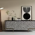 Elegant Modern Entryway Console Cabinet With Marble Pattern And Floor Lamp Green Plant Art