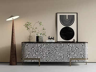 Elegant Modern Entryway Console Cabinet With Marble Pattern And Floor Lamp Green Plant Art 3d model