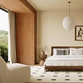 Bedroom Interior Design Featuring Wooden Headboard Beige Walls White Bedding Geometric Rug And Pendant Lamp