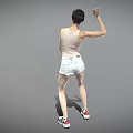 Woman Flexing Arm In Light Tank Top And White Shorts With Sneakers On Gray Background