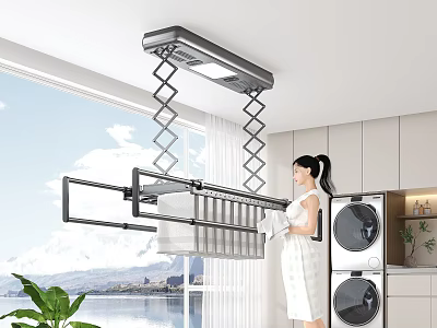 Modern Laundry Room Interior With Retractable Drying Rack Washing Machine And Dryer 3d model