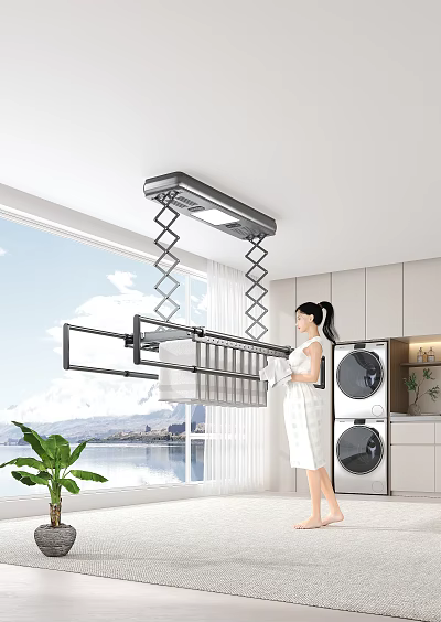 Modern Laundry Room Interior With Retractable Drying Rack Washing Machine And Dryer 3d model