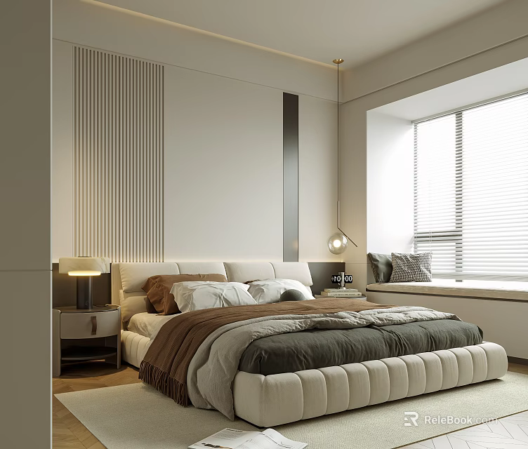 Modern Bedroom Interior With Upholstered Bed Striped Accent Wall And Window Blinds 3d model 