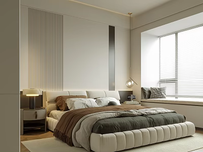 Modern Bedroom Interior With Upholstered Bed Striped Accent Wall And Window Blinds 3d model