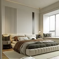 Modern Bedroom Interior With Upholstered Bed Striped Accent Wall And Window Blinds