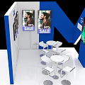 Conference Room With Exhibition Booth White Blue Decor 50% Sale Posters And White Tables Chairs