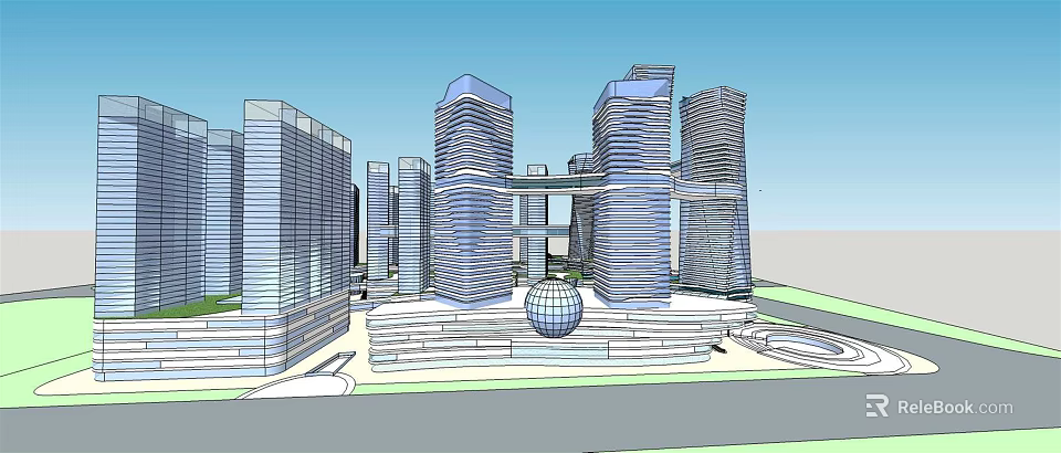 Modern Commercial Complex With Tall Towers Connected Structures And Spherical Plaza Design 3d model