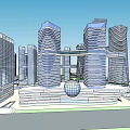 Modern Commercial Complex With Tall Towers Connected Structures And Spherical Plaza Design 3d model