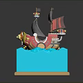 Colorful Toy Ship Model With Decorative Sail And Blue Wave Base