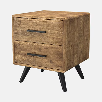 Wooden Bedside Table With Two Drawers And Black Handles On Black Legs 3d model