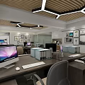 Modern Public Office Space With Desks Computers Chairs Bookshelves And Lounge Area