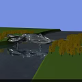 Modern Sculptural Bridge Over River With Green Grass Trees And Water Reflection