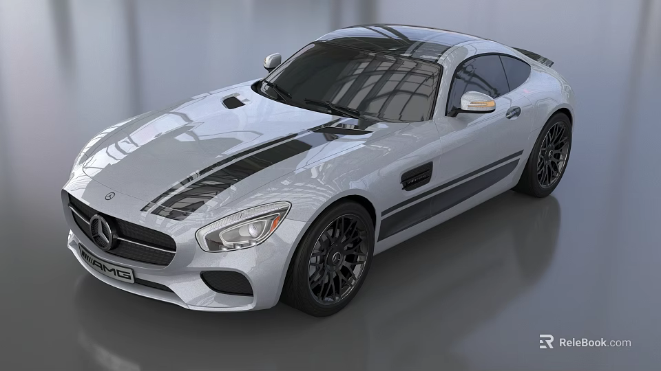Mercedes Silver Sports Car with Black Stripes and Sporty Exterior Design 3d model 