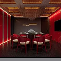Elegant Private Dining Room With Red Decor Modern Lighting And Round Dining Table 3d model
