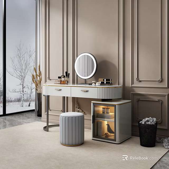 Elegant Modern Dressing Table with Round Mirror Drawers and Stool in Stylish Interior 3d model 