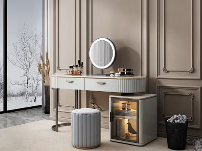 Elegant Modern Dressing Table with Round Mirror Drawers and Stool in Stylish Interior 3d model