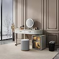 Elegant Modern Dressing Table with Round Mirror Drawers and Stool in Stylish Interior