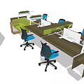 Modern Office Desk Setup With Blue Chairs Computers And Green Plants 3d model