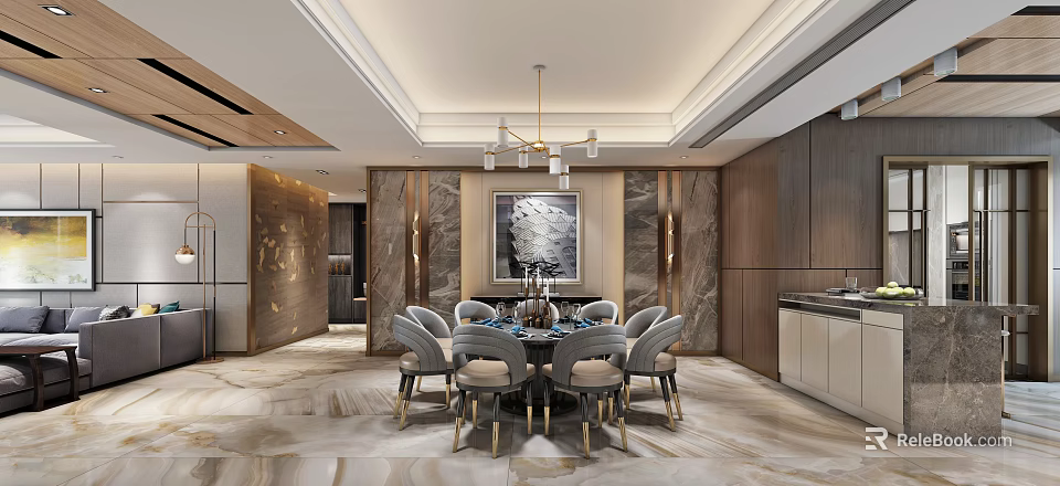 Modern Luxury Restaurant Interior With Round Dining Table Chandelier And Marble Wall 3d model 