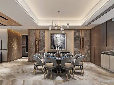Modern Luxury Restaurant Interior With Round Dining Table Chandelier And Marble Wall 3d model