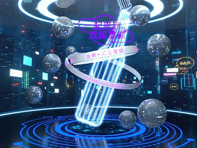 Vibrant Photo Spot With Neon Lights Illuminated Installation And City Night Backdrop 3d model