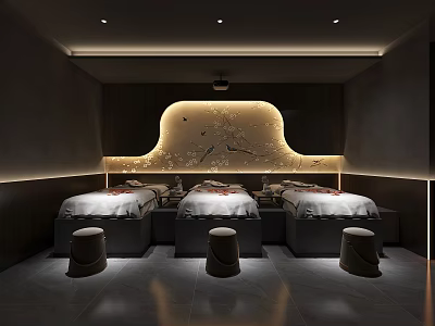 Modern SPA Sauna Interior Design With Curved Decorative Wall And Massage Beds 3d model