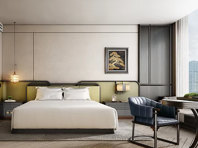 Hotel Room Interior With King Bed Nightstand Table Lamp Accent Chair And Wall Art 3d model