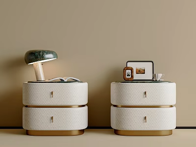Textured White Bedside Tables With Gold Base Drawers And Table Lamp Photo Frame On Top 3d model