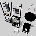 Modern Black Shelving Unit with Towels Bottles Mirror and Trash Can
