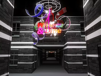 Art Installation In Corridor With Black Brick Walls White Stripes And Colorful WINE & DINE Text 3d model