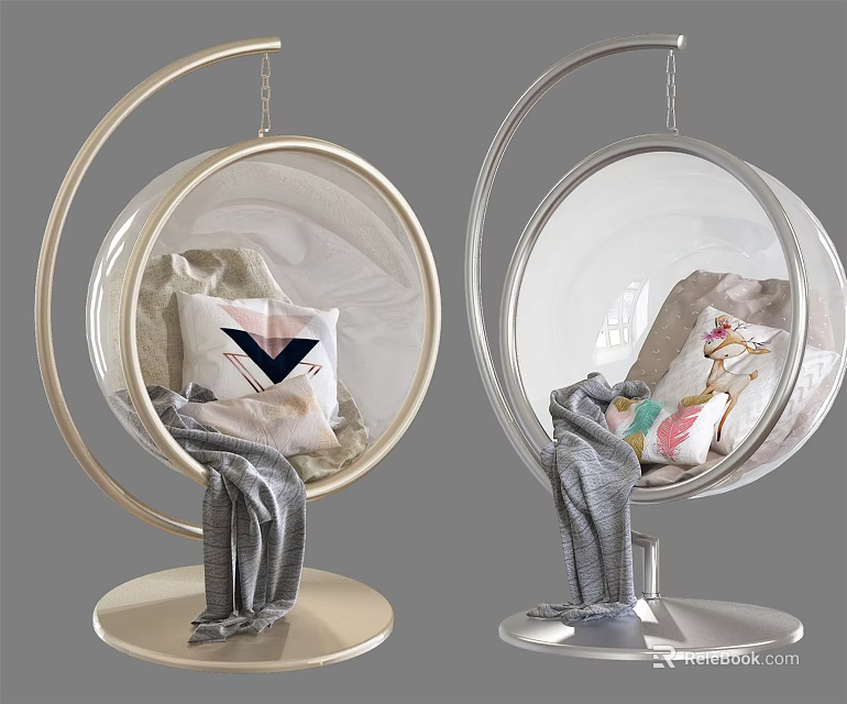 Modern Transparent Spherical Hanging Chairs with Metal Stand and Soft Pillows and Blanket 3d model 