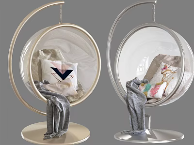 Modern Transparent Spherical Hanging Chairs with Metal Stand and Soft Pillows and Blanket 3d model