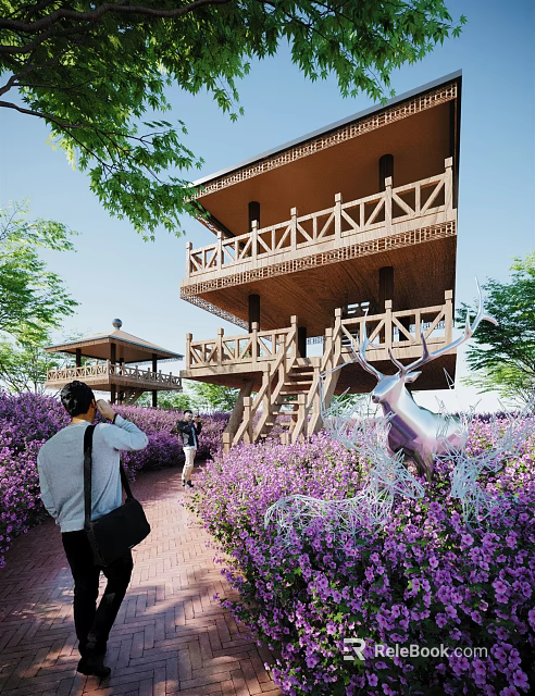 Roadside Wooden Viewing Platform With Purple Flower Beds And Deer Sculpture For Pedestrians 3d model 