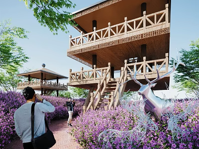 Roadside Wooden Viewing Platform With Purple Flower Beds And Deer Sculpture For Pedestrians 3d model