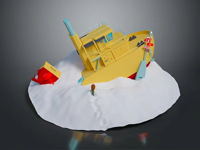 Yellow Boat With Blue Chimney Tilted On Snow Featuring Red Lifebuoy And Small Figure 3d model