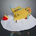 Yellow Boat With Blue Chimney Tilted On Snow Featuring Red Lifebuoy And Small Figure