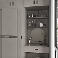 Modern Gray Wardrobe With Sliding Doors Dressing Table Mirror And Decorative Shelves