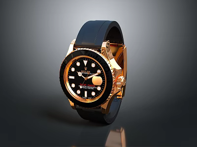 Luxury Watch With Gold Case Black Dial And Black Leather Strap Design 3d model