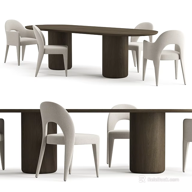 Modern Dining Table And Chairs Set With Cylindrical Wooden Legs And Light Curved Chairs 3d model 