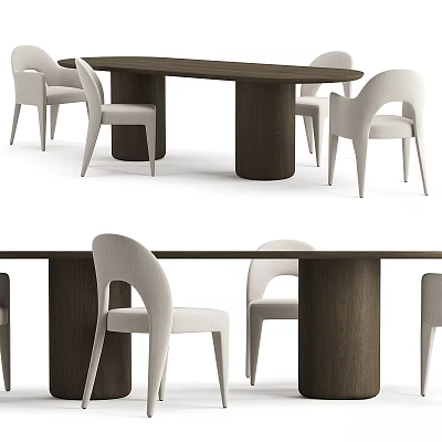 Modern Dining Table And Chairs Set With Cylindrical Wooden Legs And Light Curved Chairs 3d model