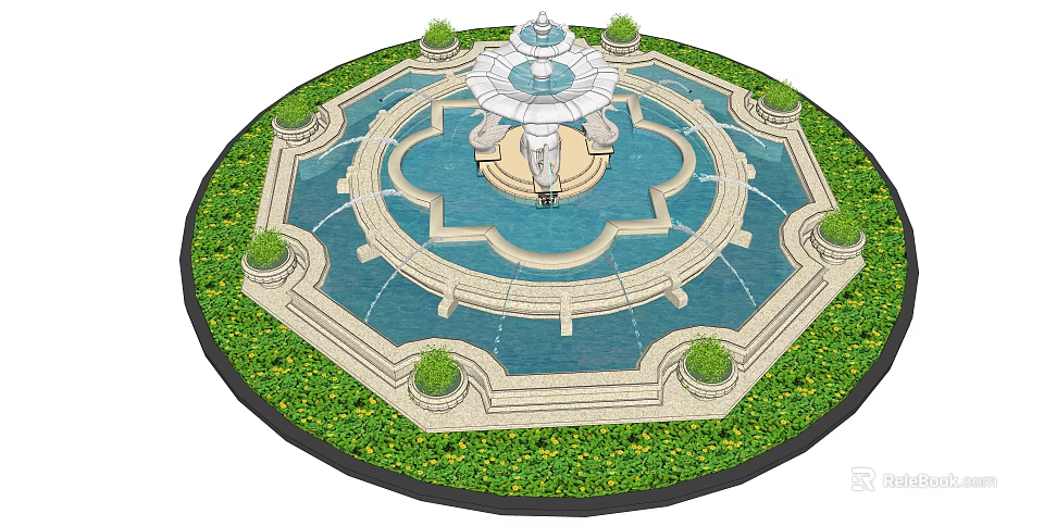 Ornate Circular Fountain With Tiered Structure And Decorative Pool Edge Surrounded by Lush Greenery 3d model 