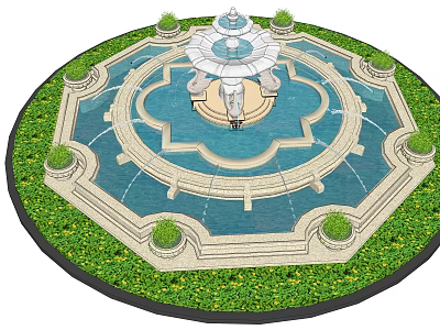 Ornate Circular Fountain With Tiered Structure And Decorative Pool Edge Surrounded by Lush Greenery 3d model