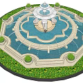 Ornate Circular Fountain With Tiered Structure And Decorative Pool Edge Surrounded by Lush Greenery