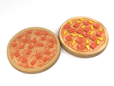 Two Round Pizzas With Red And Yellow Toppings On Wooden Plates 3d model